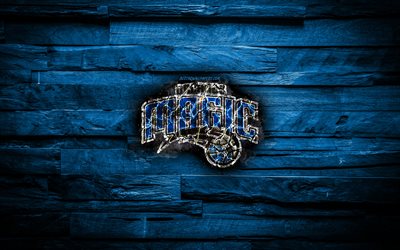 Orlando Magic, 4k, scorched logo, NBA, blue wooden background, american basketball team, Eastern Conference, grunge, basketball, Orlando Magic logo, fire texture, USA