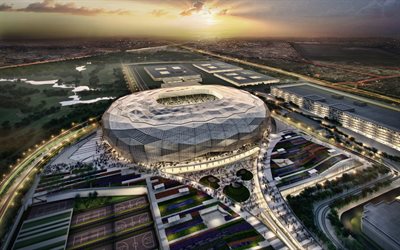 Qatar Foundation Stadium, puesta de sol, Qatar Stars League, vista a&#233;rea, Doha, estadio de f&#250;tbol, la Educaci&#243;n de la Ciudad de Estadio de f&#250;tbol de 2022 Copa Mundial de la FIFA, estadios de Qatar, Qatar
