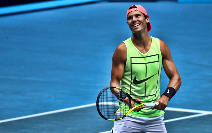 4k, Rafael Nadal, uniforme verde, ATP, alegria, espanhol jogadores de t&#234;nis, close-up, atleta, Ainda, t&#234;nis, HDR