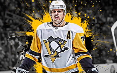 Evgeni Malkin, Russian hockey player, Pittsburgh Penguins, striker, yellow black paint splashes, creative art, NHL, USA, hockey, National Hockey League, grunge