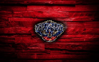 New Orleans Pelicans, 4k, scorched logo, NBA, red wooden background, american basketball team, Western Conference, grunge, basketball, New Orleans Pelicans logo, fire texture, USA
