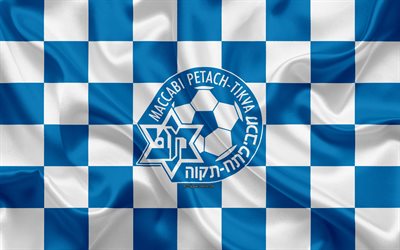 Maccabi Petah Tikva FC, 4k, Israeli Premier League, blue and white checkered flag, Israeli football club, silk flag, football, soccer, Maccabi Petah Tikva logo, Israel