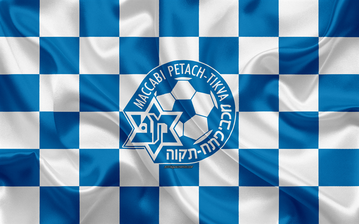 Maccabi Petah Tikva FC, 4k, Israelin Premier League, sininen ja valkoinen ruudullinen lippu, Israelin football club, silkki lippu, jalkapallo, Maccabi Petah Tikva-logo, Israel
