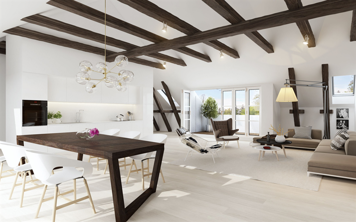 soggiorno, interni dal design moderno, minimalista, elegante soggiorno di design, pareti bianche, bianco soggiorno, travi in legno sul soffitto, casa di campagna