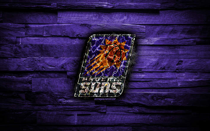 Phoenix Suns, 4k, scorched logo, NBA, violet wooden background, american basketball team, Western Conference, grunge, basketball, Phoenix Suns logo, fire texture, USA