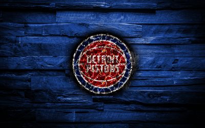 Detroit Pistons, 4k, new logo, scorched logo, NBA, blue wooden background, american basketball team, Eastern Conference, grunge, basketball, Detroit Pistons new logo, fire texture, USA