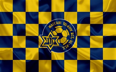 Maccabi Tel Aviv FC, 4k, Israele Premier League, il giallo e il blu della bandiera a scacchi, calcio Israeliano club, seta, bandiera, calcio, Maccabi Tel Aviv, logo, Israele