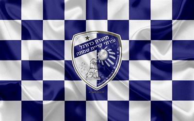 Hapoel Ironi Kiryat Shmona FC, 4k, Israeli Premier League, blue and white checkered flag, Israeli football club, silk flag, football, soccer, Shmona logo, Israel