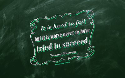 It is hard to fail but it is worse never to have tried to succeed, chalkboard, Theodore Roosevelt Quotes, blue background, motivation quotes, inspiration, Theodore Roosevelt