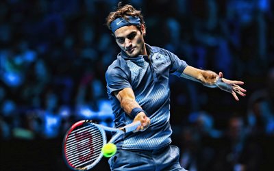 4k, Roger Federer, de uniforme azul, suiza, jugadores de tenis, ATP, close-up, atleta, Federer, pista de tenis, HDR