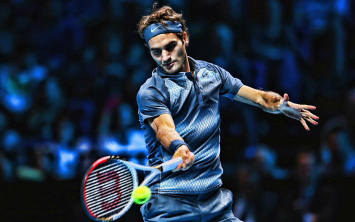 4k, Roger Federer, bl&#229; uniform, schweizisk tennisspelare, ATP, close-up, idrottsman, Federer, tennis, HDR