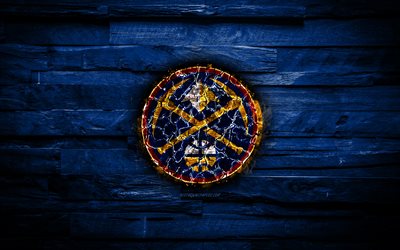 Denver Nuggets, 4k, scorched logo, NBA, blue wooden background, american basketball team, Western Conference, grunge, basketball, Denver Nuggets new logo, fire texture, USA