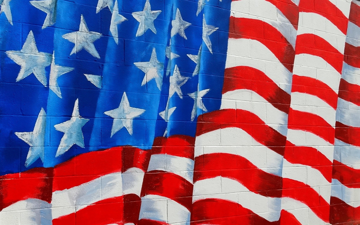 Amerikanska flaggan, graffiti p&#229; v&#228;ggen, USA flagga, tegel v&#228;gg, USA