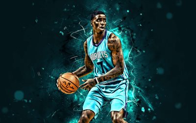 Dwayne Bacon, blue uniform, NBA, Charlotte Hornets, basketball, neon lights, basketball stars, Dwayne Lee Bacon Jr, abstract art, creative