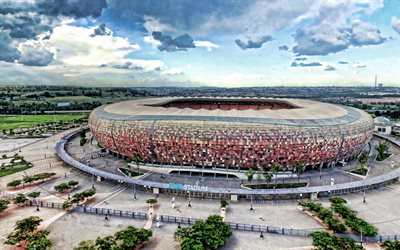 4k, FNB Stadium, aerial view, First National Bank Stadium, HDR, football stadium, Johannesburg, South Africa, South African stadiums