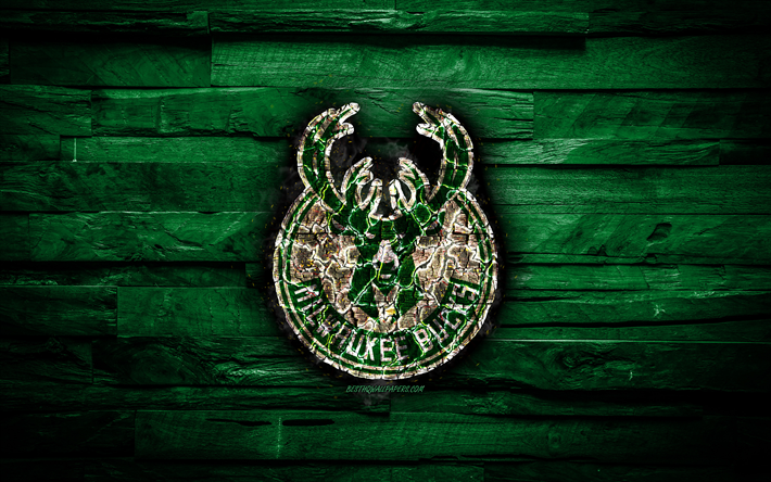 Download Wallpapers Milwaukee Bucks K Scorched Logo Nba Green Wooden Background American