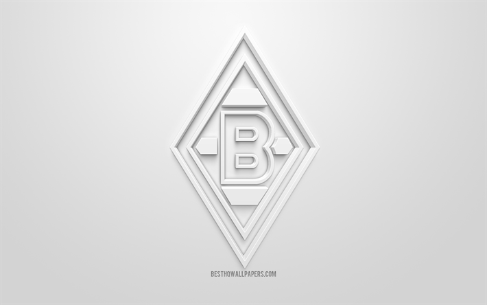Borussia Monchengladbach, yaratıcı 3D logo, beyaz arka plan, 3d amblemi, Alman Futbol Kul&#252;b&#252;, Bundesliga, Monchengladbach, Almanya, 3d sanat, futbol, 3d logo şık