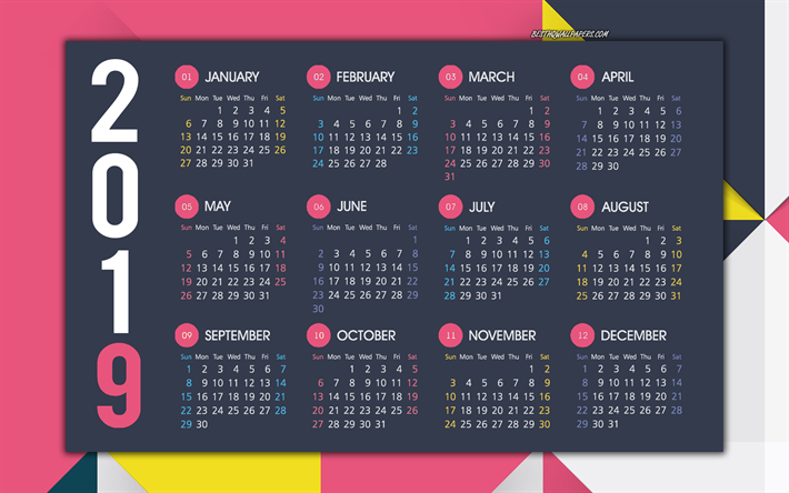 Vaaleanpunainen kalenteri 2019, luova pinkki-harmaa tausta, kaikki kuukautta, 2019 kalenteri, 2019 k&#228;sitteit&#228;, art