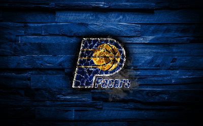 Indiana Pacers, 4k, new logo, scorched logo, NBA, blue wooden background, american basketball team, Eastern Conference, grunge, basketball, Indiana Pacers new logo, fire texture, USA