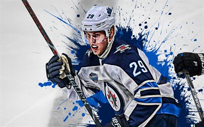 Patrik Laine, Finnish hockey player, Winnipeg Jets, striker, blue paint splashes, creative art, NHL, USA, hockey, National Hockey League, grunge