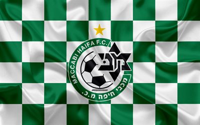 Maccabi Haifa FC, 4k, İsrail Premier Ligi, yeşil ve beyaz damalı bayrak, İsrail Futbol Kul&#252;b&#252;, ipek bayrak, futbol, logo Maccabi Haifa, İsrail