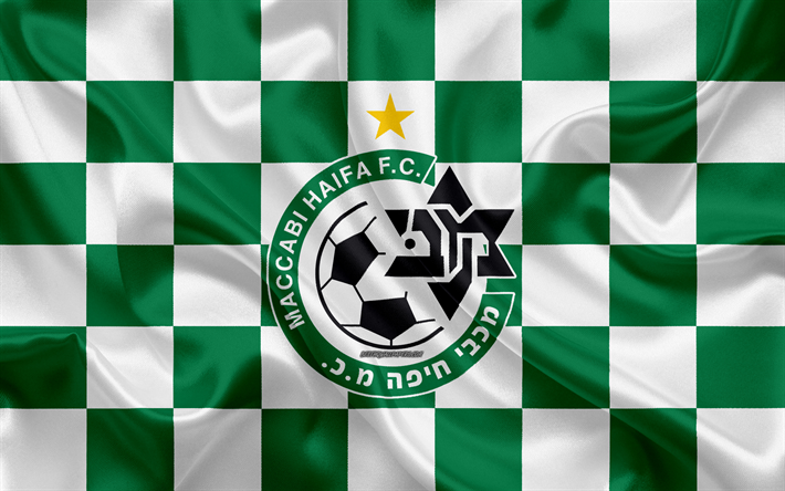 Maccabi Haifa FC, 4k, Israeli Premier League, green and white checkered flag, Israeli football club, silk flag, football, soccer, Maccabi Haifa logo, Israel