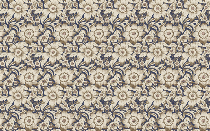 floral pattern, retro plant texture, retro pattern, brown flowers, blue background