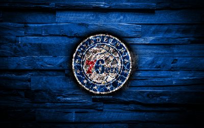 Philadelphia 76ers, 4k, poltetun logo, NBA, sininen puinen tausta, amerikkalainen koripallo joukkue, It&#228;isen Konferenssin, grunge, koripallo, Philadelphia 76ers-logo, palo-rakenne, USA