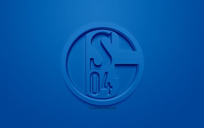 FCシャルケ04, 創作3Dロゴ, 青色の背景, 3dエンブレム, ドイツサッカークラブ, ブンデスリーガ, Gelsenkirchen, ドイツ, 3dアート, サッカー, お洒落な3dロゴ