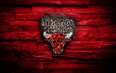 Chicago Bulls, 4k, scorched logo, NBA, red wooden background, american basketball team, Eastern Conference, grunge, basketball, Chicago Bulls logo, fire texture, USA