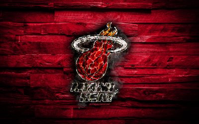 Miami Heat, 4k, arrasada logotipo, NBA, roxo de madeira de fundo, americana time de basquete, Confer&#234;ncia Leste, grunge, basquete, Miami Heat logo, fogo textura, EUA