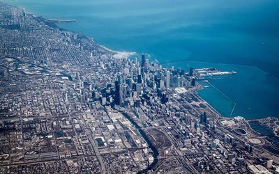 Chicago, Aerial view, Willis Tower, Aon Center, Two Prudential Plaza, American city, skyscrapers, metropolis, Michigan Lake, Illinois, USA