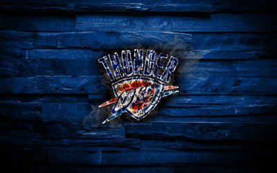 Oklahoma City Thunder, 4k, scorched logo, NBA, blue wooden background, american basketball team, Western Conference, OKC, grunge, basketball, Oklahoma City Thunder logo, fire texture, USA