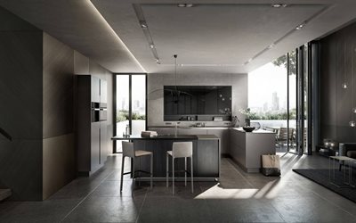 stylish kitchen interior design, gray kitchen, modern interior, gray furniture, kitchen
