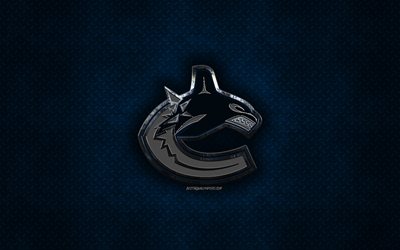 Vancouver Canucks, Kanadalı hokey kul&#252;b&#252;, mavi metal doku, metal logo, amblem, NHL, Vancouver, British Columbia, Kanada, ABD, Ulusal Hokey Ligi, yaratıcı sanat, hokey