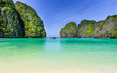 Maya Bay, Isola di Phi Phi, Thailandia, bella spiaggia, oceano, isole tropicali, Thailandia spiagge, estate, viaggi