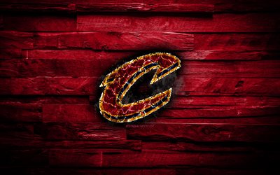 Cleveland Cavaliers, 4k, scorched logo, NBA, purple wooden background, CAVS, american basketball team, Eastern Conference, grunge, basketball, Cleveland Cavaliers logo, fire texture, USA