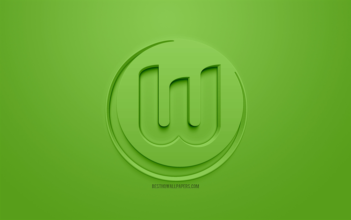 VfL Wolfsburg, creative 3D logo, green background, 3d emblem, German football club, Bundesliga, Wolfsburg, Germany, 3d art, football, stylish 3d logo