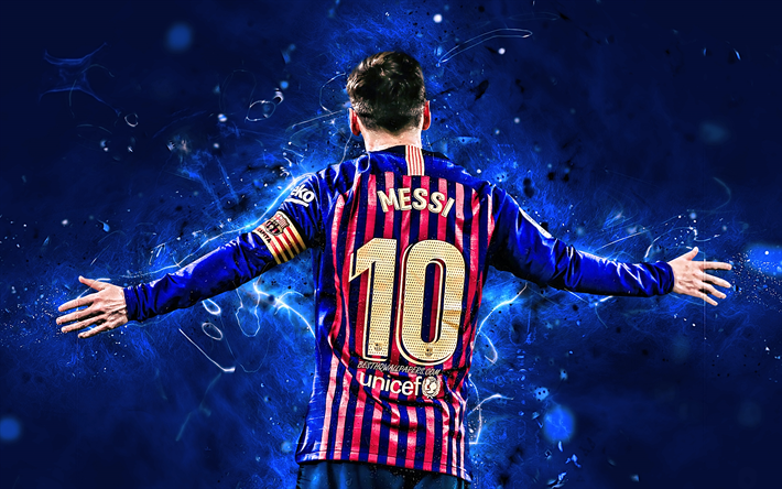 Messi, back view, FCB, Barcelona FC, argentinian footballers, goal, La Liga, Lionel Messi, Leo Messi, neon lights, LaLiga, Spain, Barca, soccer, football stars