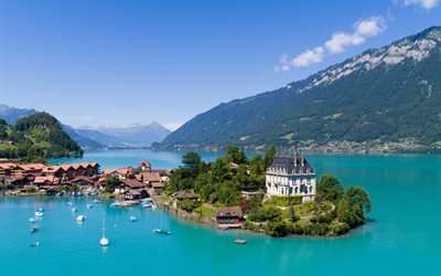 Iseltwald, il Lago di Brienz, Berna, Svizzera, Seeburg, Oberland Bernese, lago di montagna, paesaggio di montagna, il lago blu, estate