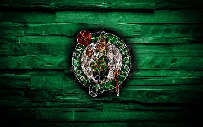 Boston Celtics, 4k, scorched logo, NBA, green wooden background, american basketball team, Eastern Conference, grunge, basketball, Boston Celtics logo, fire texture, USA