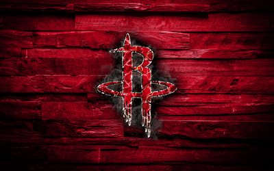 Houston Rockets, 4k, scorched logo, NBA, red wooden background, american basketball team, Western Conference, grunge, basketball, Houston Rockets logo, fire texture, USA