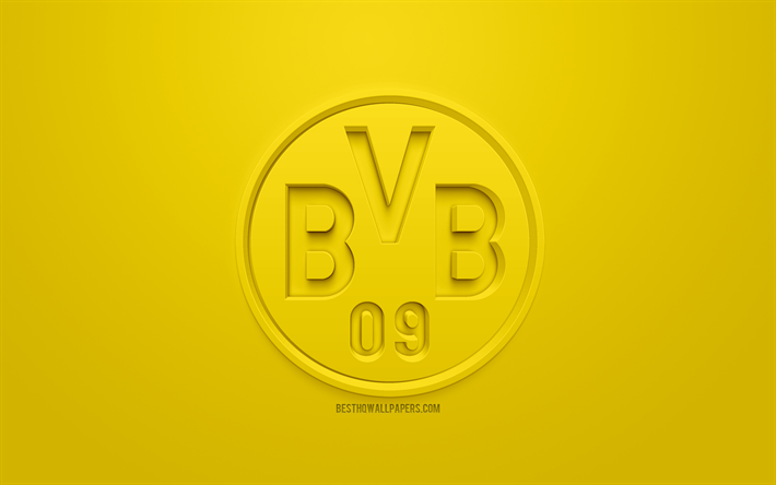 Borussia Dortmund, BvB, luova 3D logo, keltainen tausta, 3d-tunnus, Saksalainen jalkapalloseura, Bundesliiga, Dortmund, Saksa, 3d art, jalkapallo, tyylik&#228;s 3d logo
