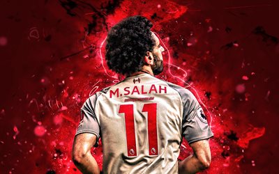 Mohamed Salah, back view, LFC, gray uniform, egyptian footballers, Liverpool FC, Salah, Premier League, Mo Salah, soccer, neon lights, Salah Liverpool