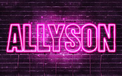 Allyson, 4k, wallpapers with names, female names, Allyson name, purple neon lights, horizontal text, picture with Allyson name