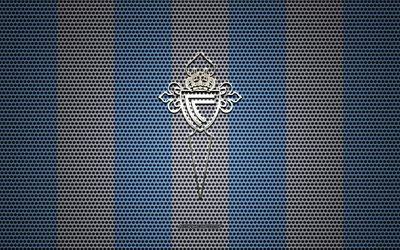 RC Celta logo, Spanish football club, metal emblem, RC Celta de Vigo, blue white metal mesh background, RC Celta, La Liga, Vigo, Spain, football, Celta Vigo