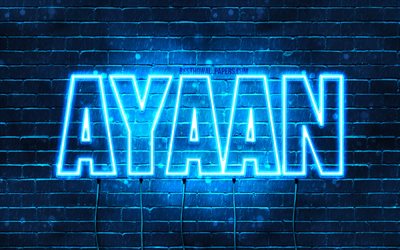 Ayaan, 4k, fondos de pantalla con los nombres, el texto horizontal, Ayaan nombre, luces azules de ne&#243;n, imagen con Ayaan nombre