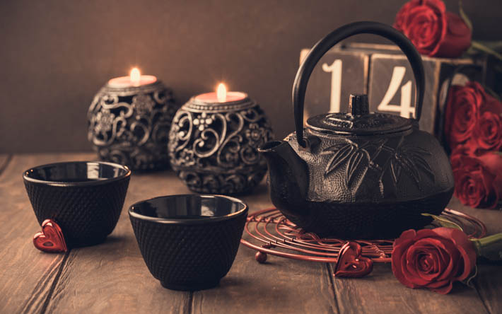 chinese black teapot, metallic black teapot, tea concepts, red roses