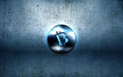 ビットコイン金属キャッシュロゴ, グランジ, cryptocurrency, 青色の金属の背景, ビットコインのキャッシュ, 創造, ビットコインロゴキャッシュ