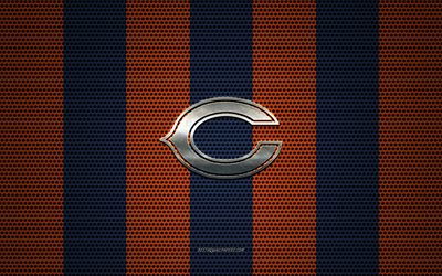 Chicago Bears logo, American football club, metal emblem, blue orange metal mesh background, Chicago Bears, NFL, Chicago, Illinois, USA, american football
